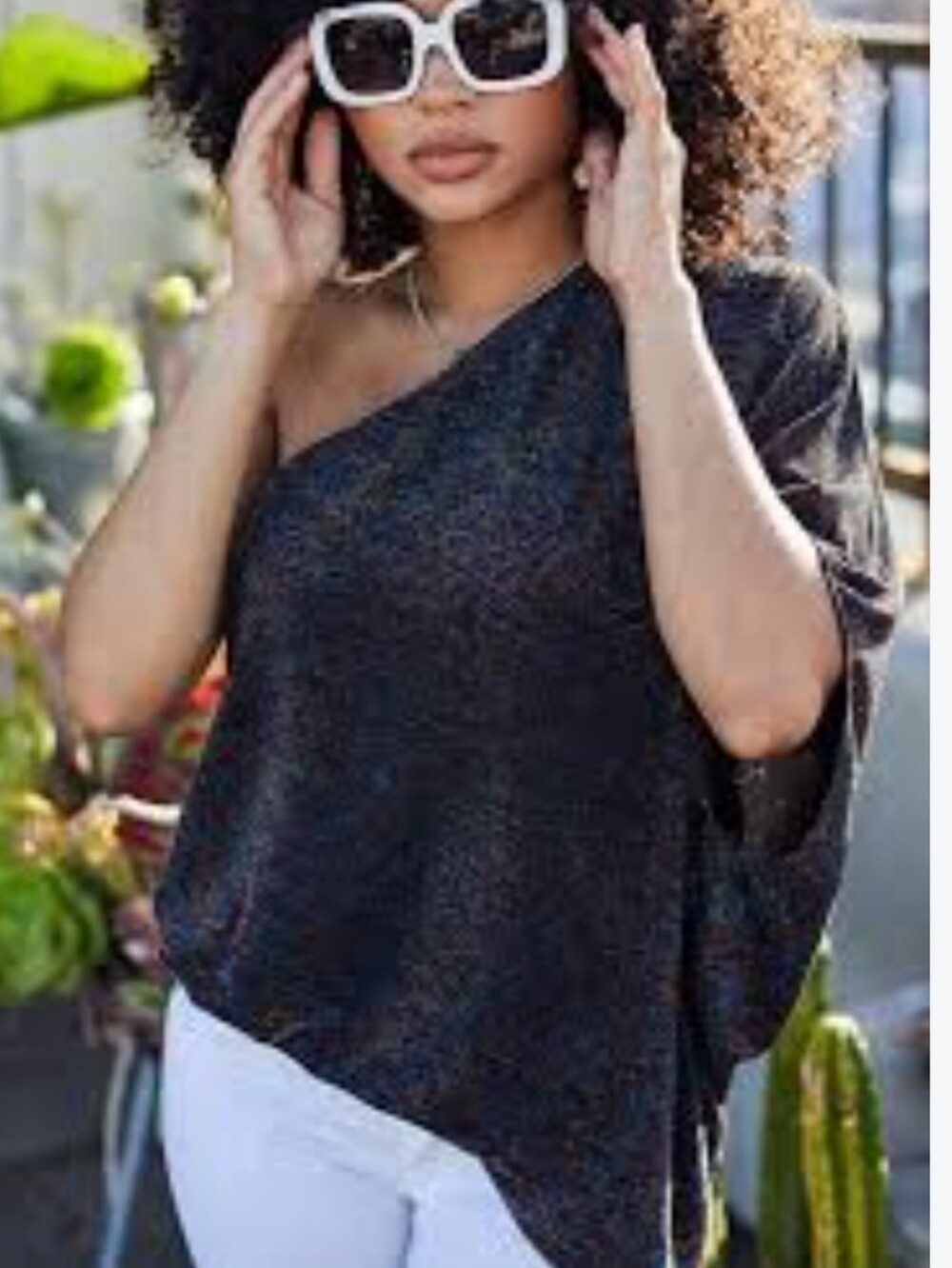 Main Strip Off One Shoulder Black & Colorful Glittery Blouse, S